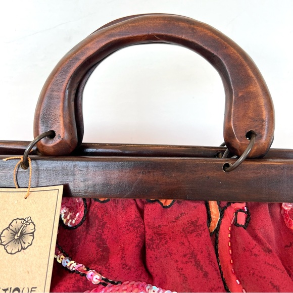 MYSTIQUE Burgundy Paisley Sequence Beaded Wood Handles Vintage Style Handbag NWT - Picture 3 of 14